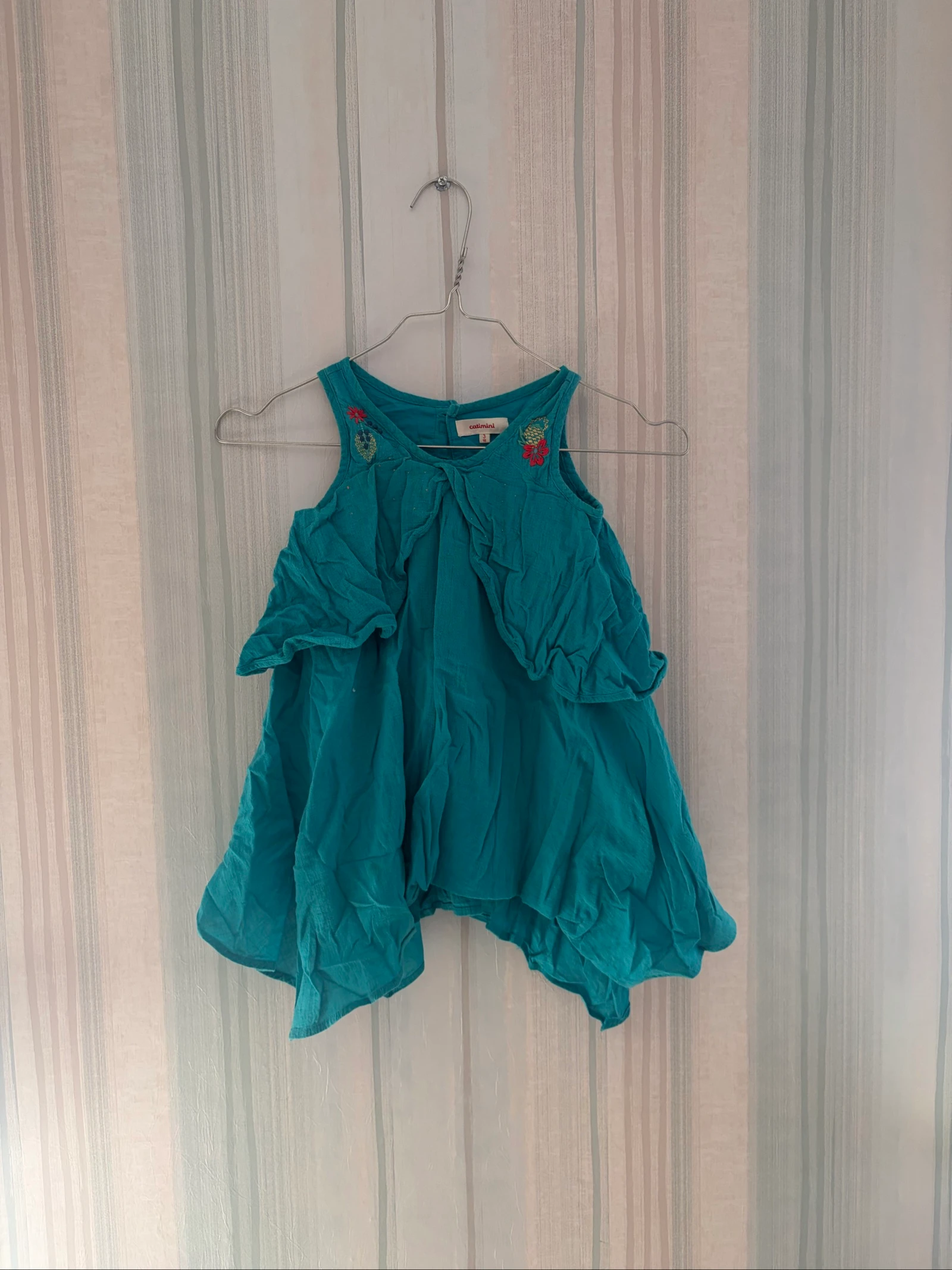 Robe fille Catimini 3 ans (98 cm) bleu canard à broderies - Très bon état